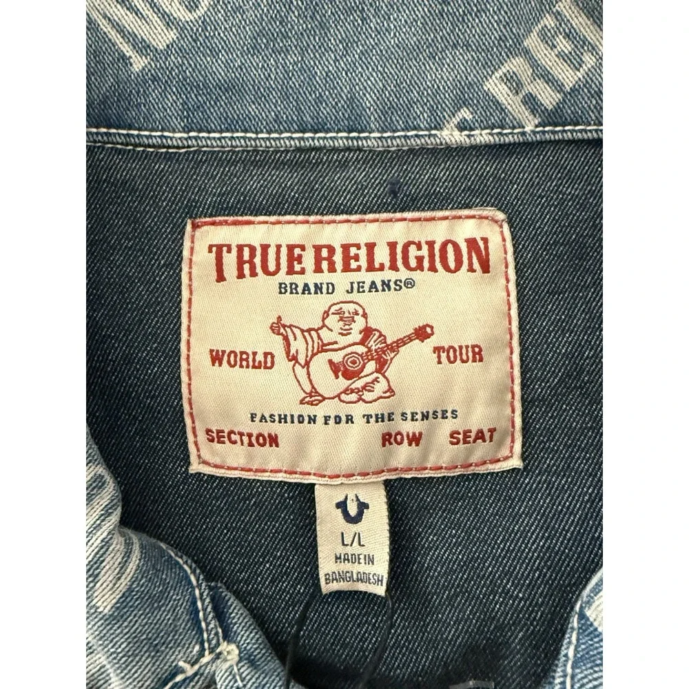 NWT True Religion‎ Women Light Wash Blue Allover Logo Trucker Jacket Sz Large